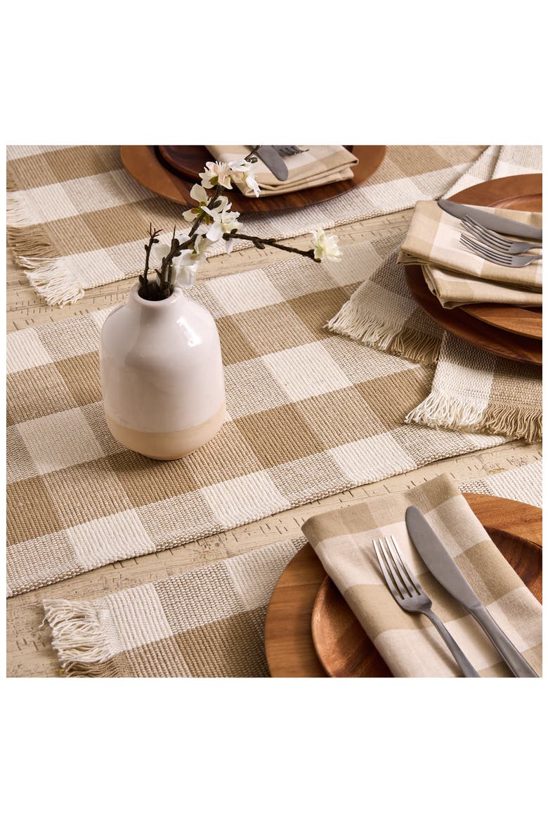 Checkered Fringe Cotton Table Runner, Alternate, color, BROWN