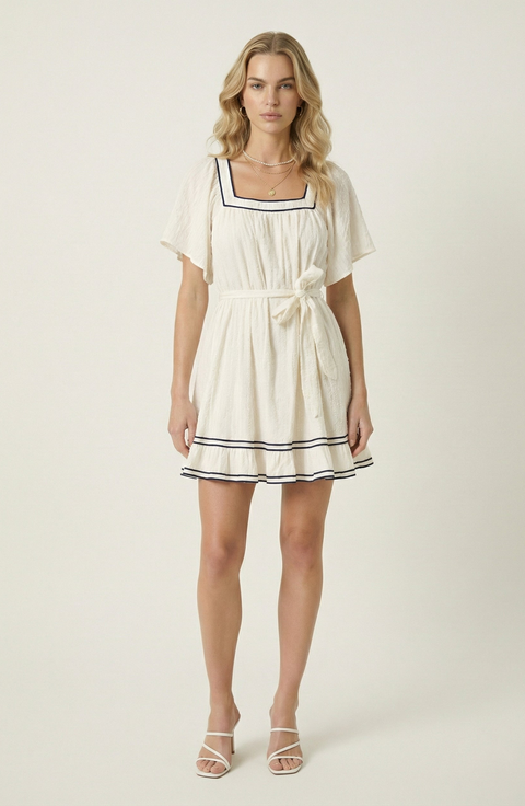 Square-Neck Contrast Trim Mini Dress
