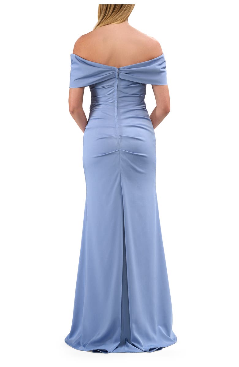 La Femme Off-the-Shoulder Gown with Draped Bow Detail, Alternate, color, Smoky Blue