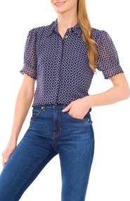 CeCe Print Scallop Shirt