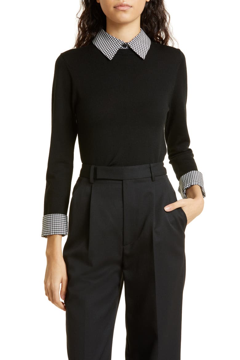 Houndstooth Trim Stretch Wool Sweater, Main, color, BLACK