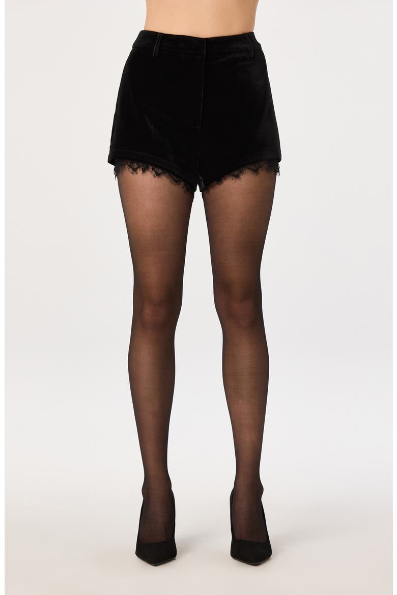 Wynn Lace Trim Velvet Shorts, Main, color, BLACK