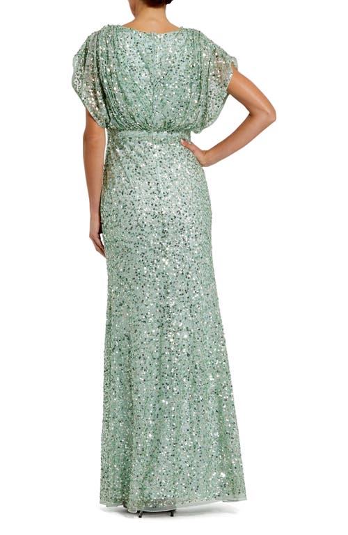 Mac Duggal Draped Sleeves Ruched Waist Detail V-neck Gown In Green