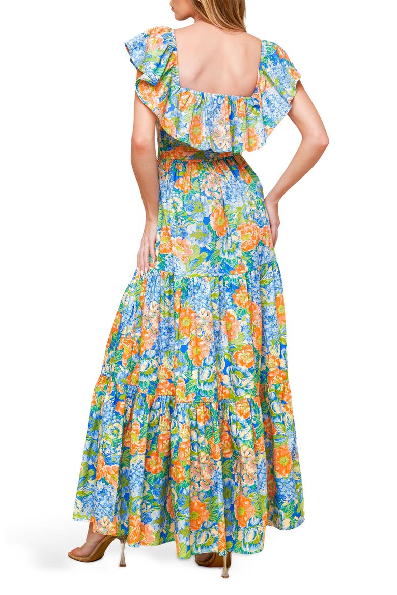 Floral Ruffle Cap Sleeve Cotton Maxi Dress, Alternate, color, CORAL/ POWDER BLUE