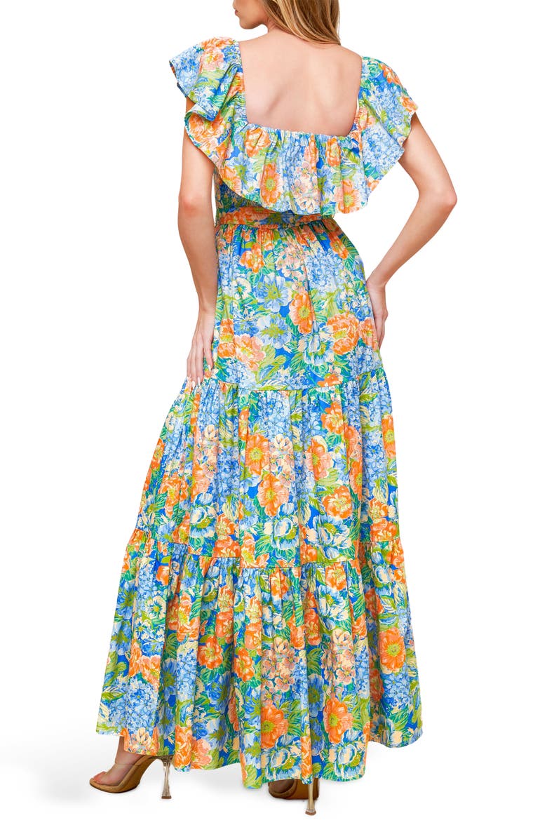 FLYING TOMATO Floral Ruffle Cap Sleeve Cotton Maxi Dress, Alternate, color, Coral/ Powder Blue