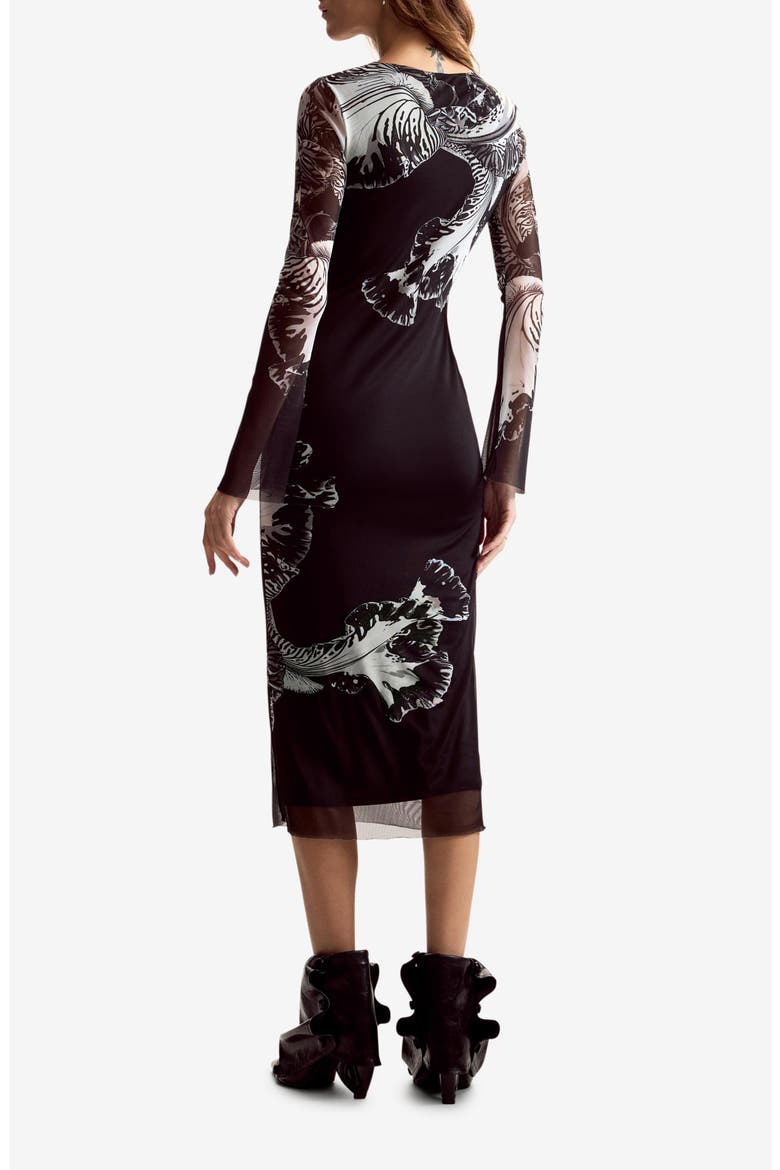 Floral Print Long Sleeve Midi Dress, Alternate, color, BLACK