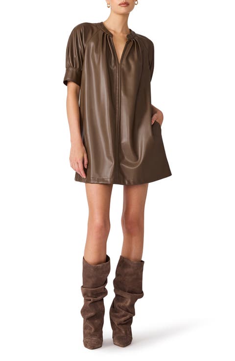 Sharleeen Puff Sleeve Faux Leather Shift Dress