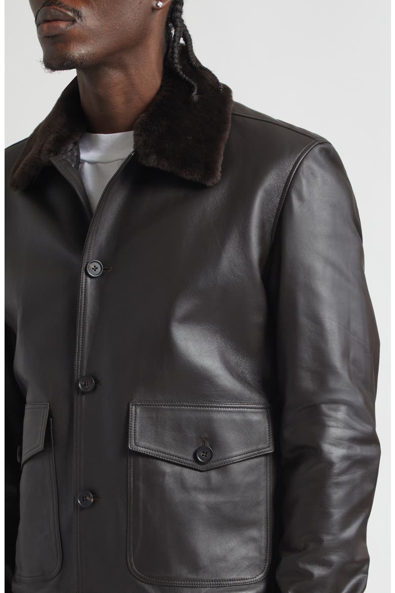 Leather Bomber Jacket with Genuine Shearling Collar, Alternate, color, MORO - DARK BROWN
