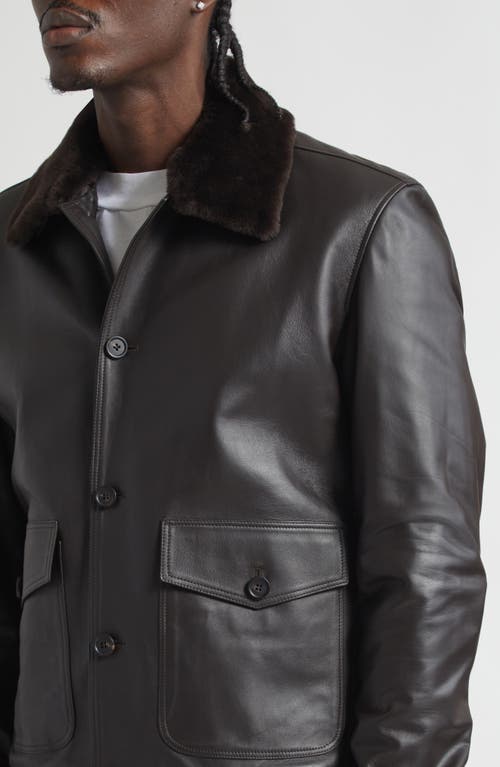 Thom Sweeney Leather Bomber Jacket With Genuine Shearling Collar In Brown