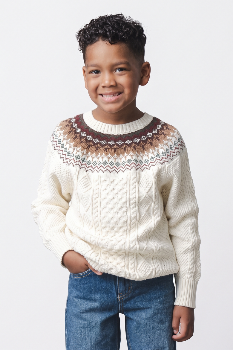 Kids' Organic Cotton Cable Knit Sweater, Alternate, color, Ivory and Chocolate Fair Isle