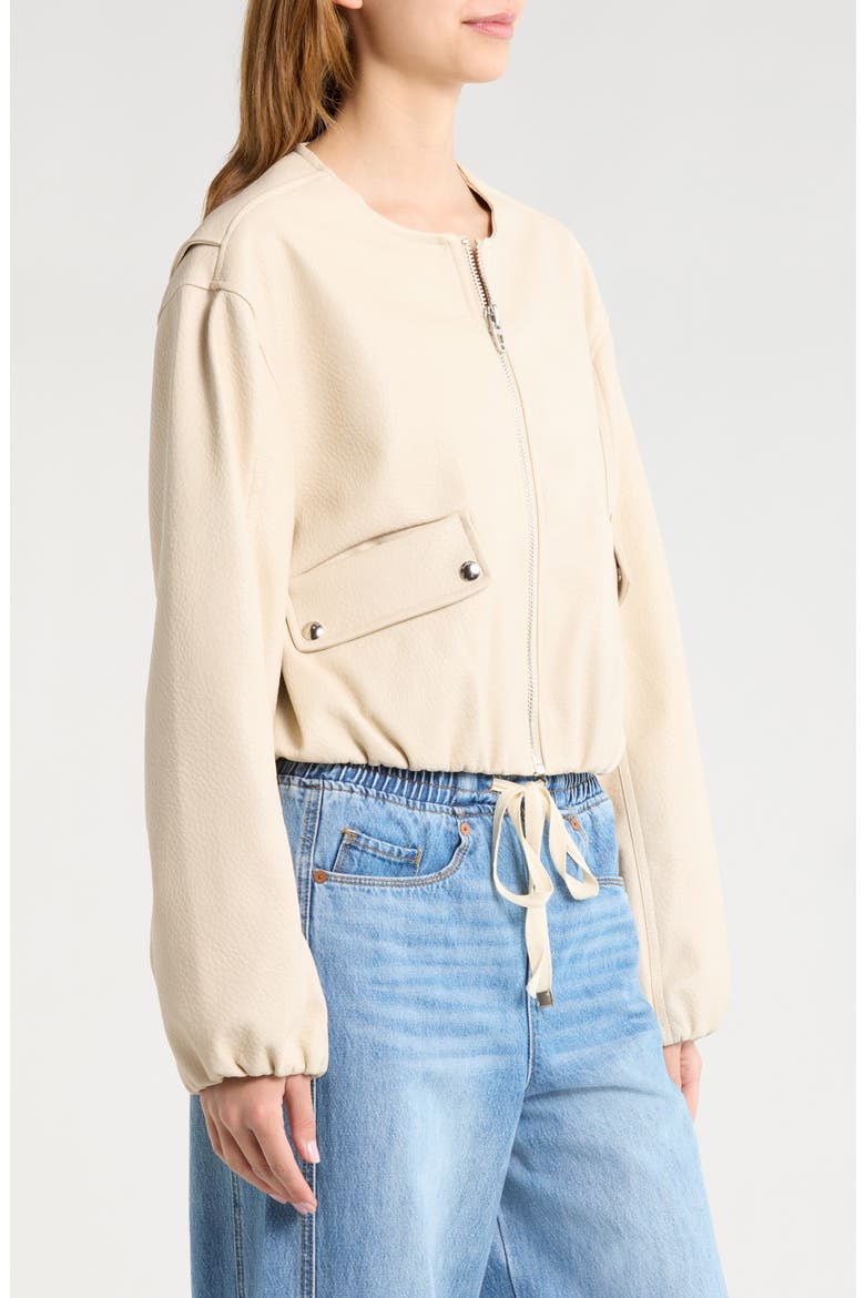 Faux Leather Coated Collarless Bomber Jacket, Alternate, color, PICTURE PERFECT-STONE