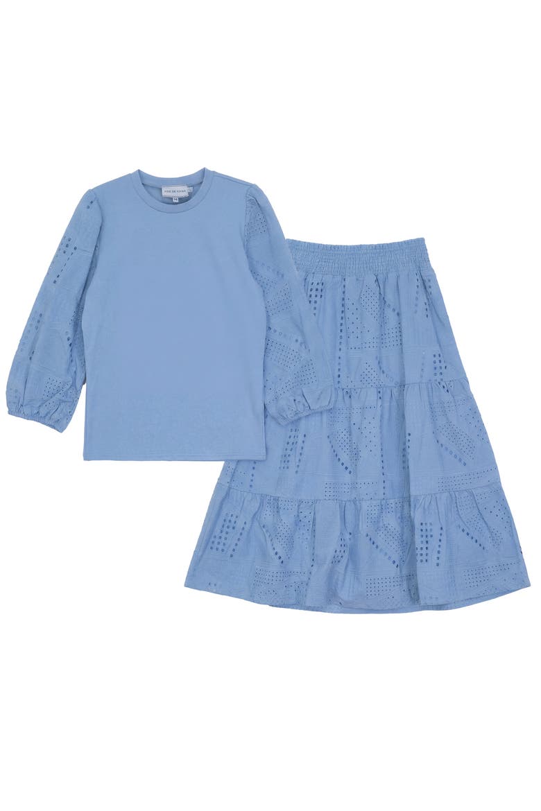 Embroidered Puff Sleeve Top & Tiered Skirt 2-Piece Set, Main, color, Blue