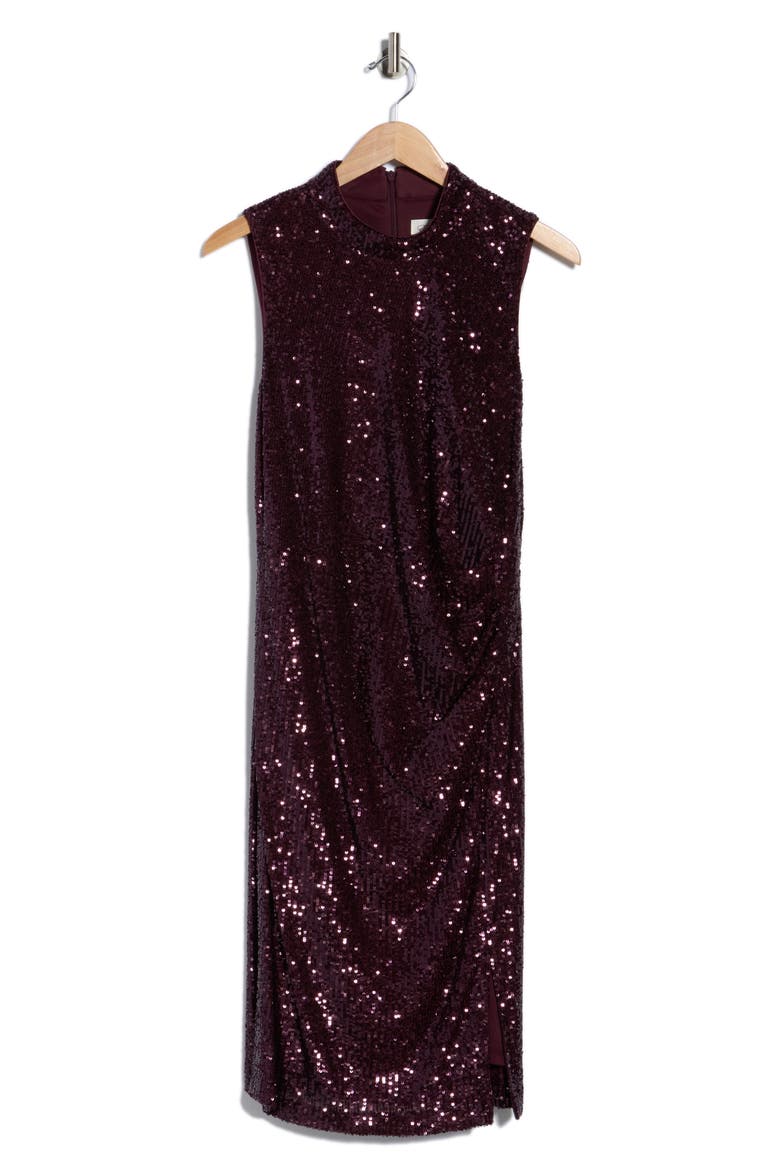 Sleeveless Ruched Sequin Midi Dress, Alternate, color, PLUM