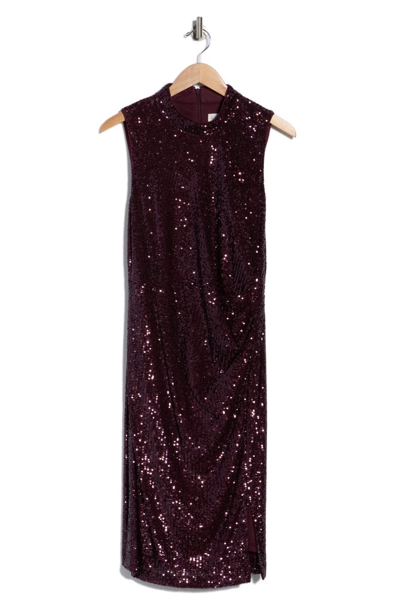 Eliza J Sleeveless Ruched Sequin Midi Dress, Alternate, color, Plum