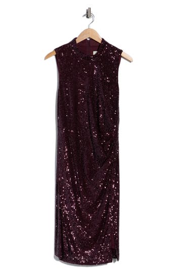 Eliza J Sleeveless Ruched Sequin Midi Dress In Purple