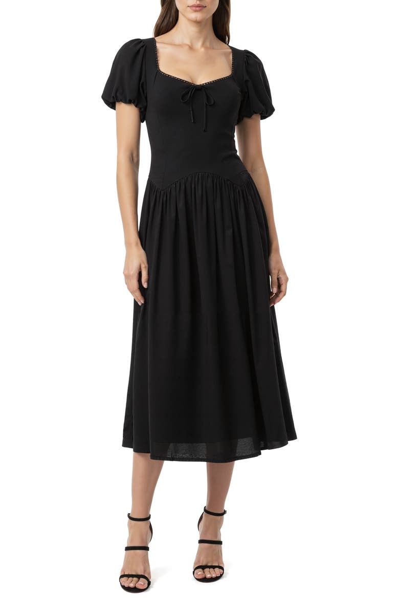All in Favor Tie Front Drop Waist Midi Dress, Main, color, Black
