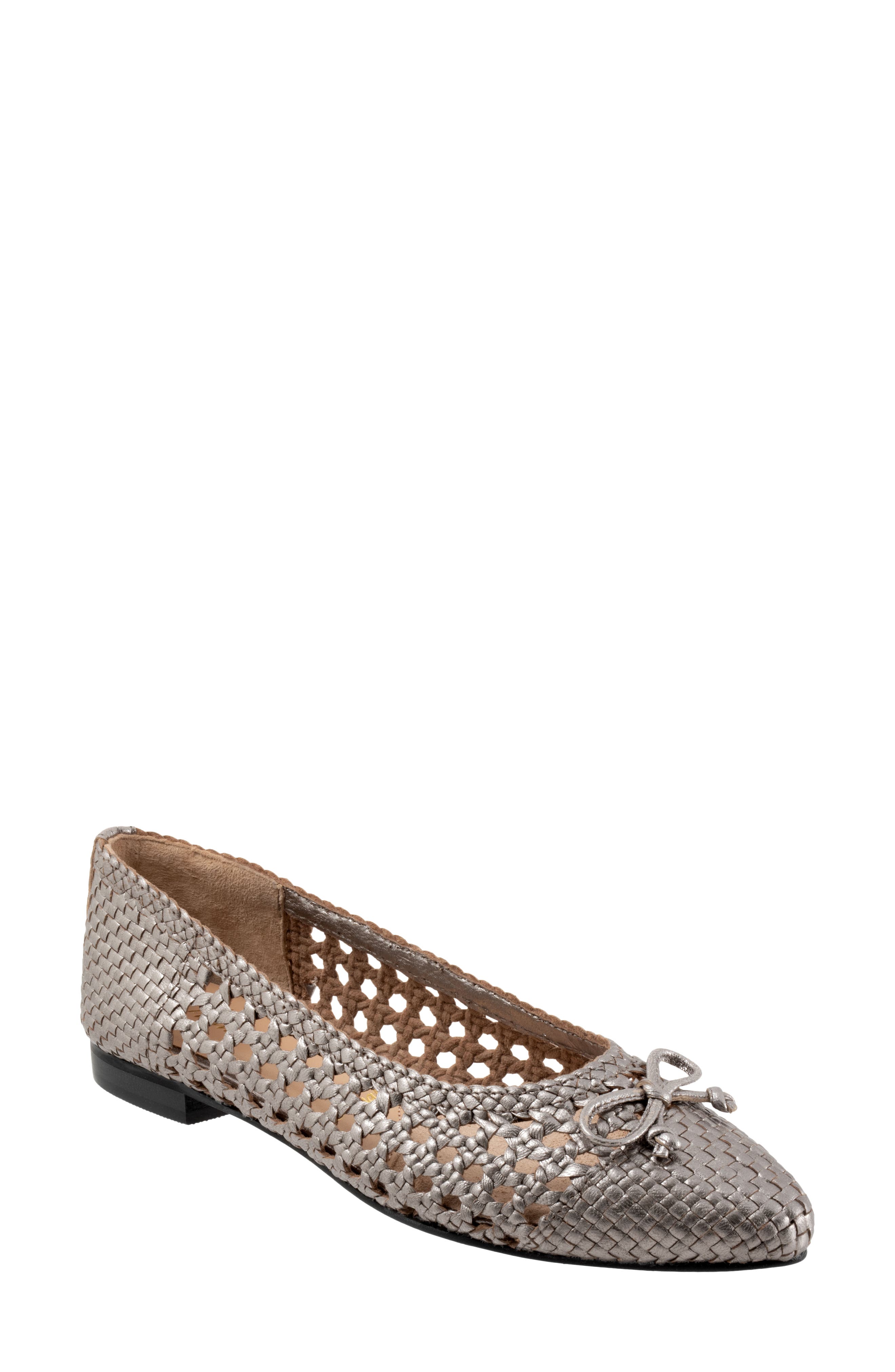 Edith Woven Pointed Toe Flat, Main, color, PEWTER METALLIC