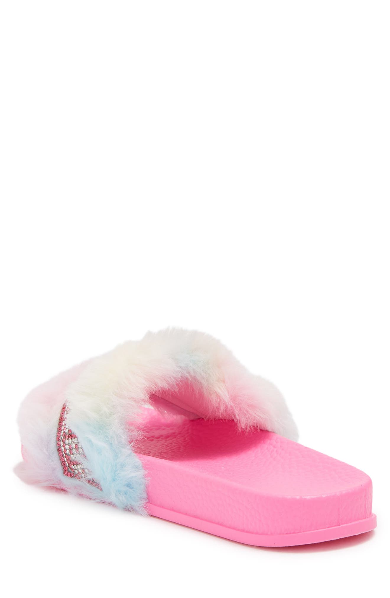 Rhinestone Logo Faux Fur Slide Sandal, Alternate, color, PINK MULTI
