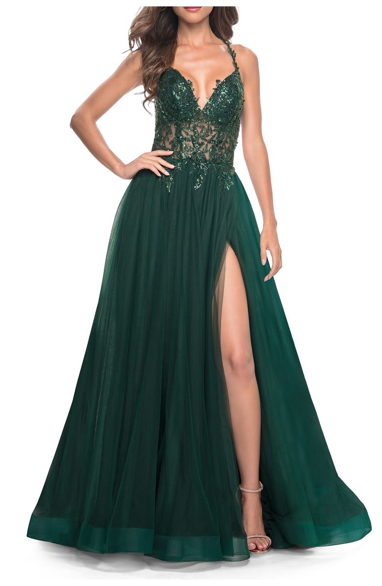 La Femme Tulle A-Line Gown with Sheer and Beaded Lace Detail, Alternate, color, Dark Emerald