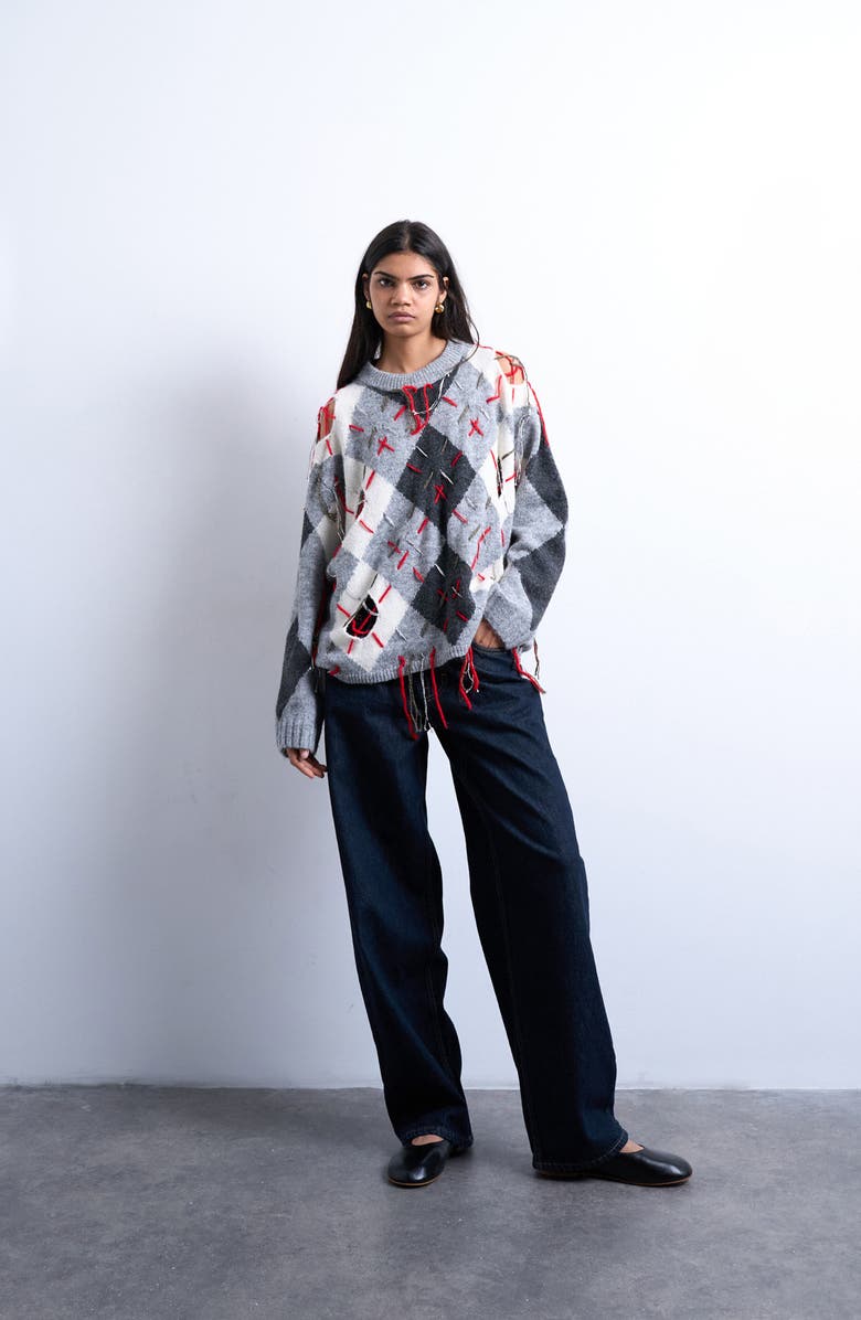 Topshop Oversize Distressed Argyle Stitch Sweater, Alternate, color, Grey