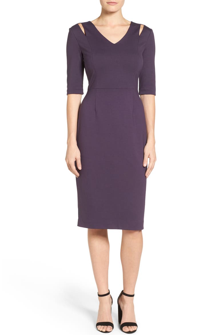 Cutout Shoulder Sheath Dress, Main, color, PURPLE NIGHT