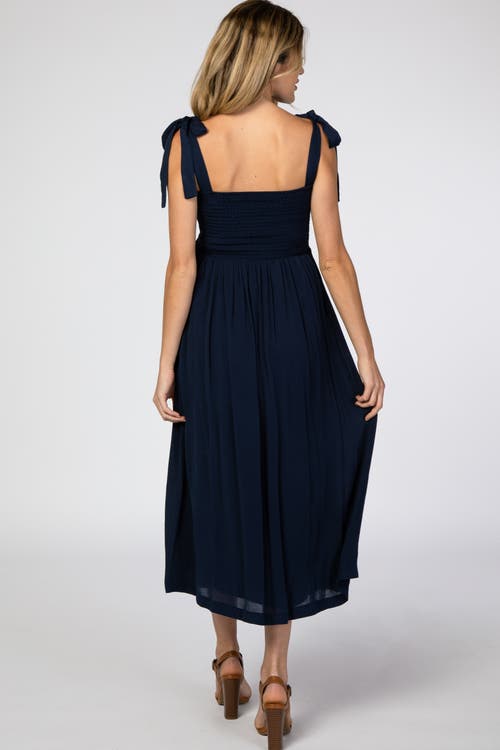 Pinkblush Smocked Tie Strap Midi Dress In Blue