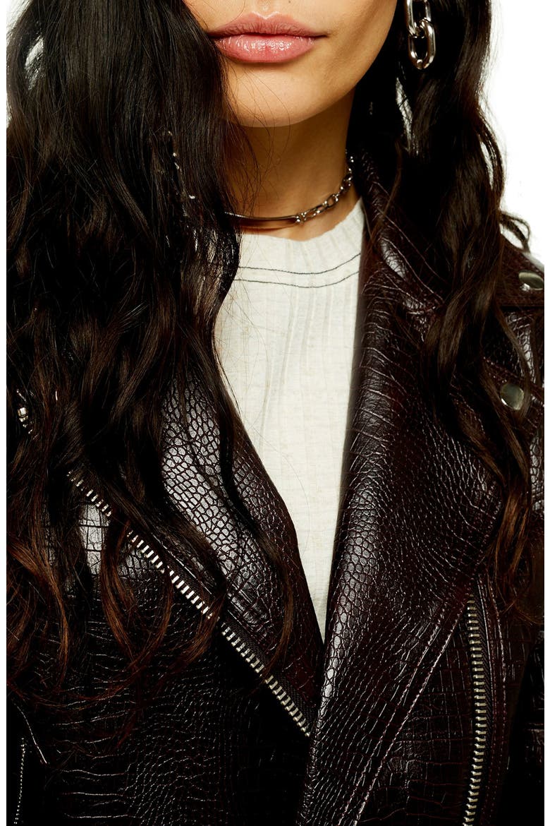Croc Embossed Faux Leather Jacket, Alternate, color, BURGUNDY