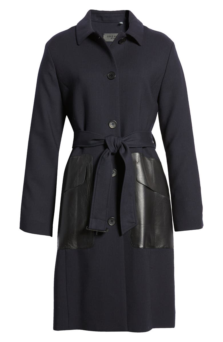 Cole Haan Signature Wool Blend & Leather Coat, Alternate, color, 