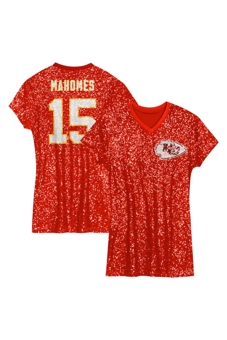 Girls Youth Patrick Mahomes Red Kansas City Chiefs Sequin Player Name & Number V-Neck Dress, Alternate, color, Red