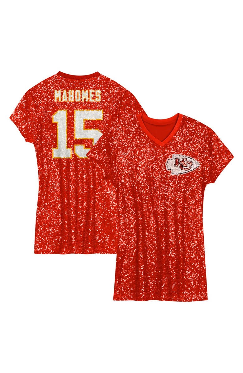 Outerstuff Girls Youth Patrick Mahomes Red Kansas City Chiefs Sequin Player Name & Number V-Neck Dress, Alternate, color, Red