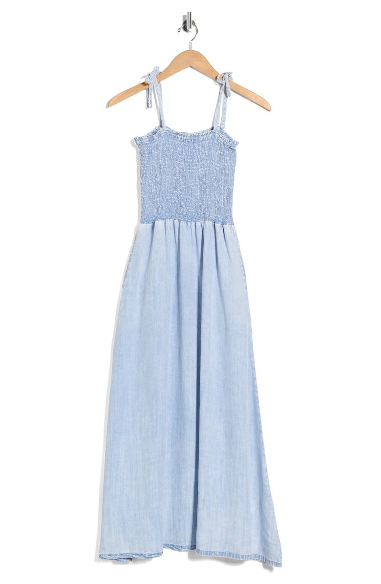 Splendid Tie Strap Denim Midi Dress, Main, color, Bleached Indigo