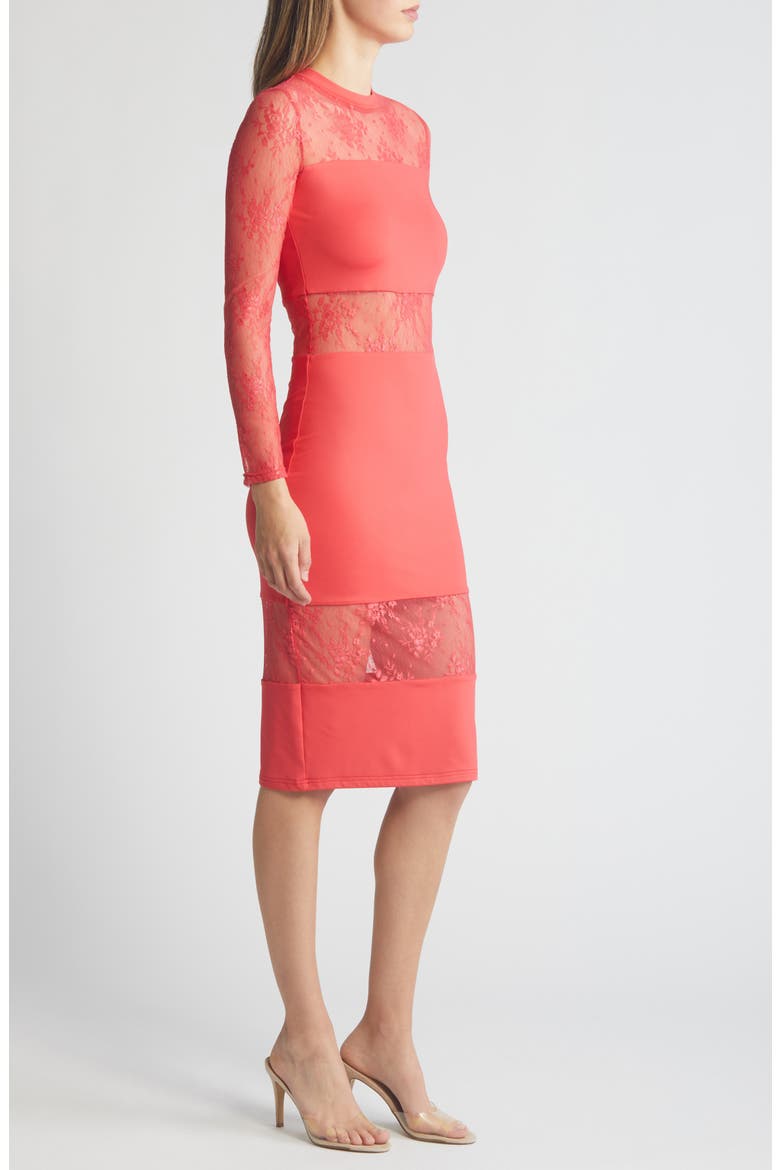 Lace Inset Long Sleeve Midi Dress, Alternate, color, RED
