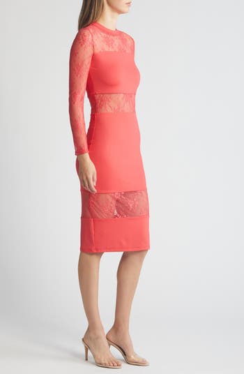Lace Inset Long Sleeve Midi Dress