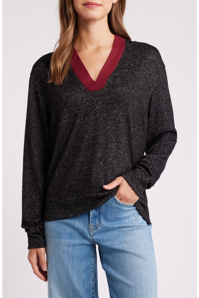 Hooded V-Neck Pullover, Main, color, BLACK/ BURGUNDY