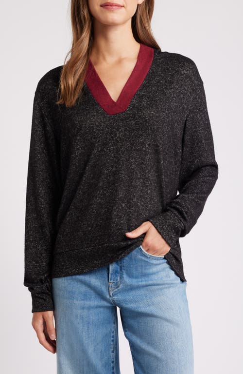 Loveappella Hooded V-Neck Pullover in Black/Burgundy 