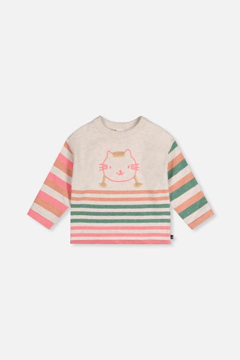 Knitted Stripe Sleeve Cat Appliqué Sweater