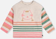 Deux par Deux Knitted Stripe Sleeve Cat Appliqué Sweater