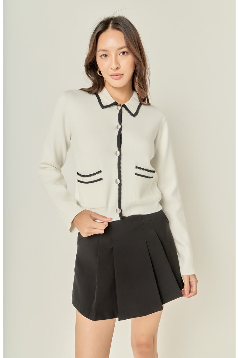 Scallop Trim Cardigan, Alternate, color, OFF WHITE/ BLACK