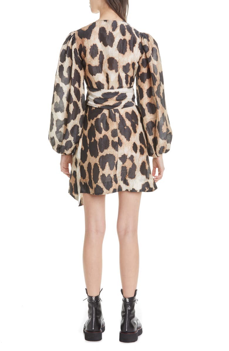 Ganni Leopard Print Long Sleeve Linen & Silk Wrap Dress, Alternate, color, 