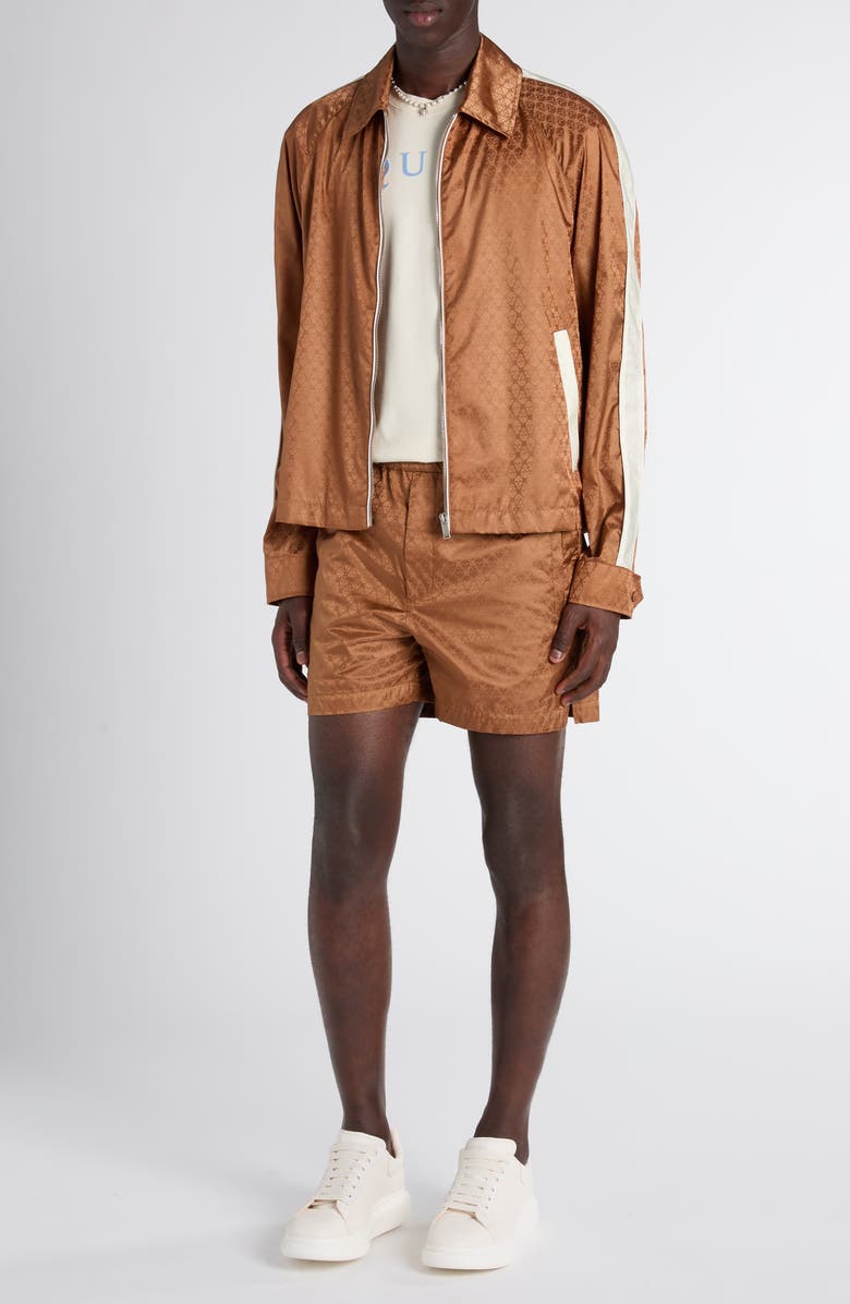 McQueen Skull Jacquard Satin Shorts, Alternate, color, Camel