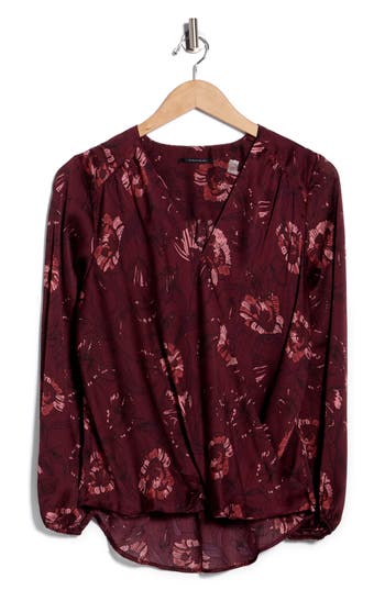 T Tahari Long Sleeve Faux Wrap Blouse In Burgundy