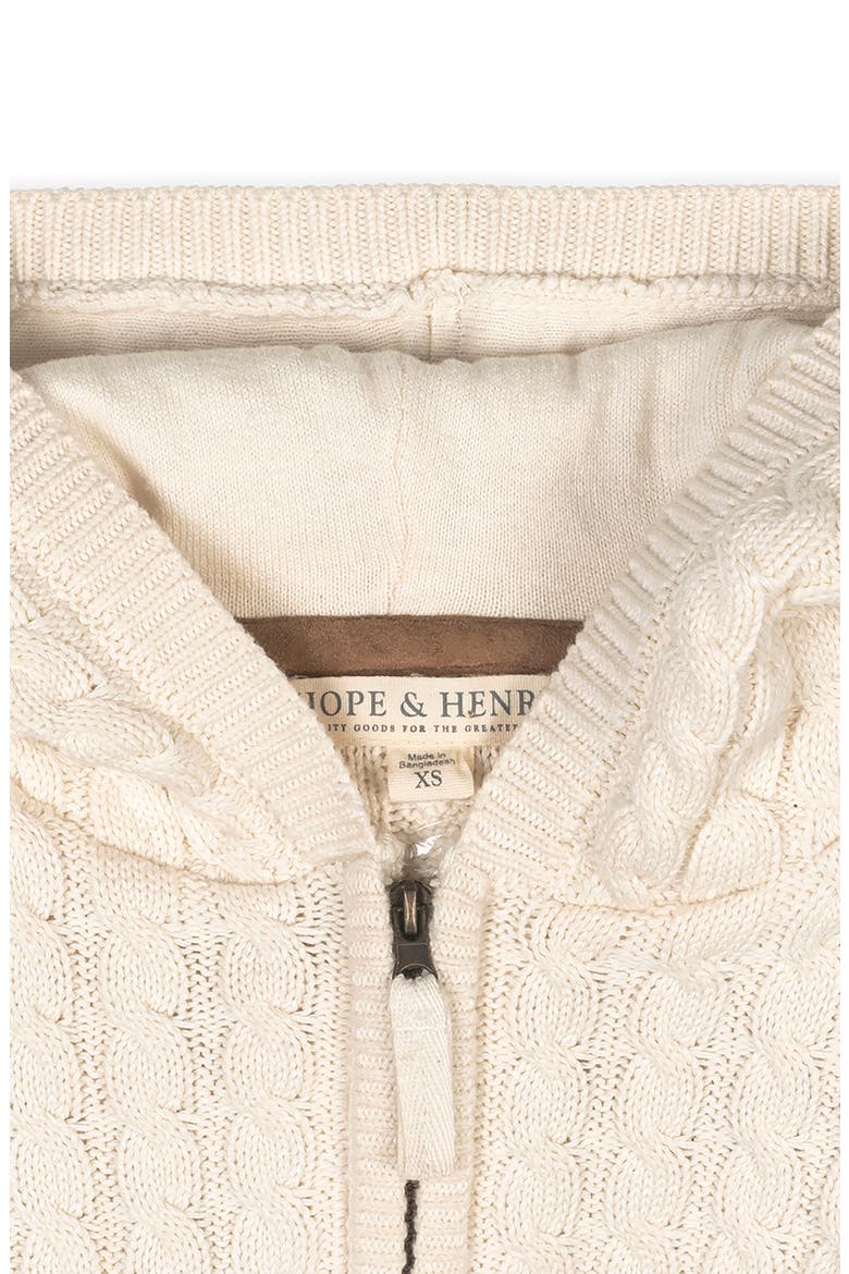 Kids' Organic Full Zip Hooded Sweater with Elbow Patches, Alternate, color, Ivory Cable