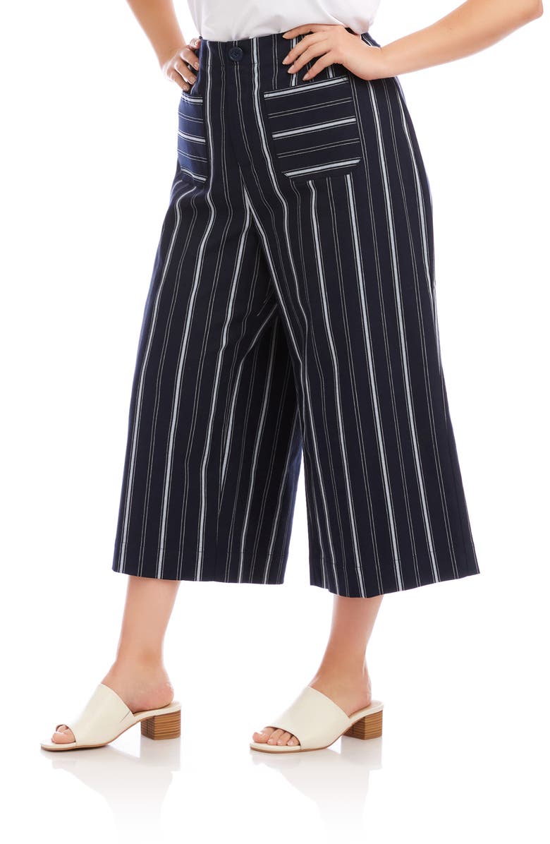 Karen Kane Stripe Wide Leg Crop Pants, Alternate, color, Navy