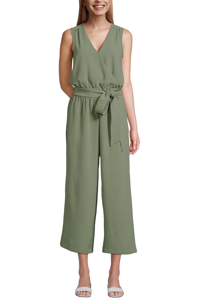 Lands' End Sleeveless Creaseless Wrap Jumpsuit with Smocked Waist, Main, color, Sage