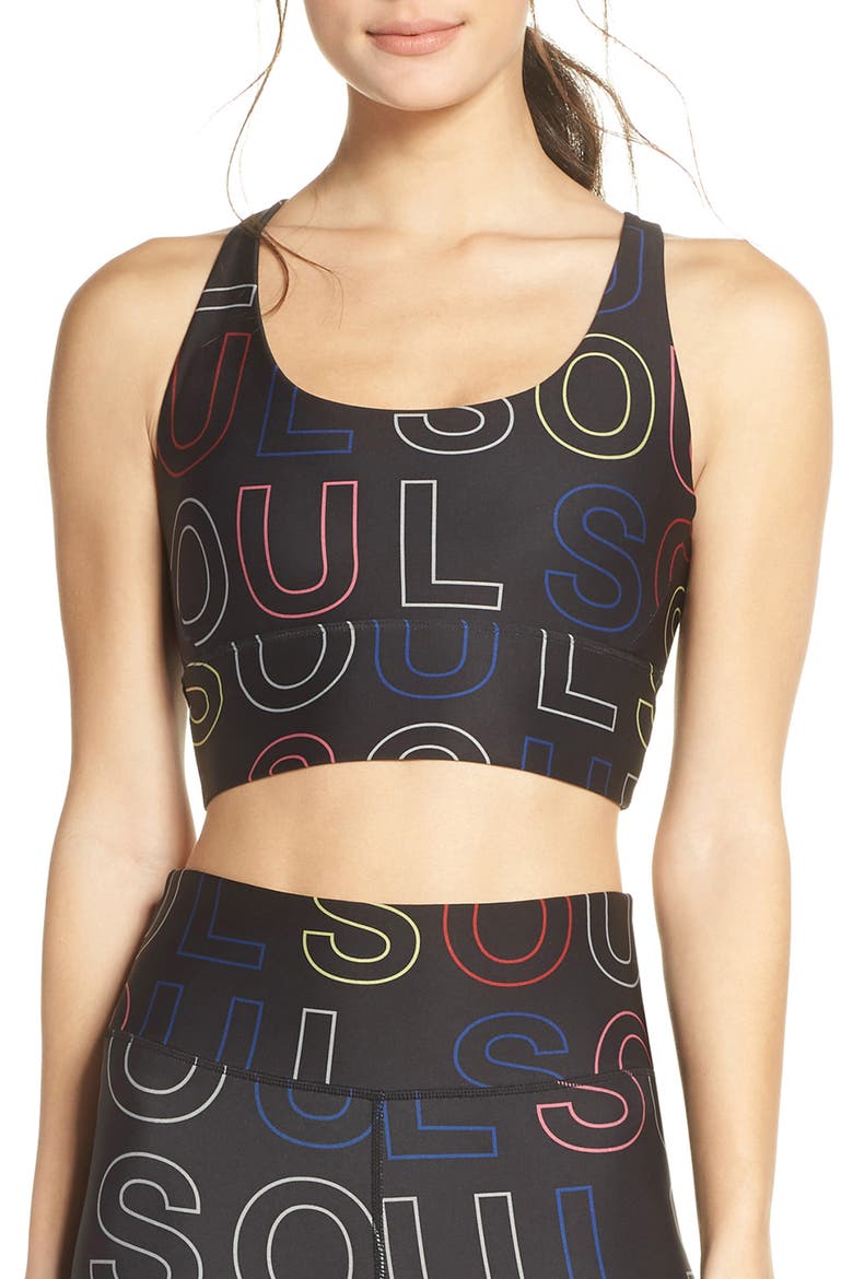 Longline Logo Sports Bra, Main, color, BLACK KNOCKOUT MULTI