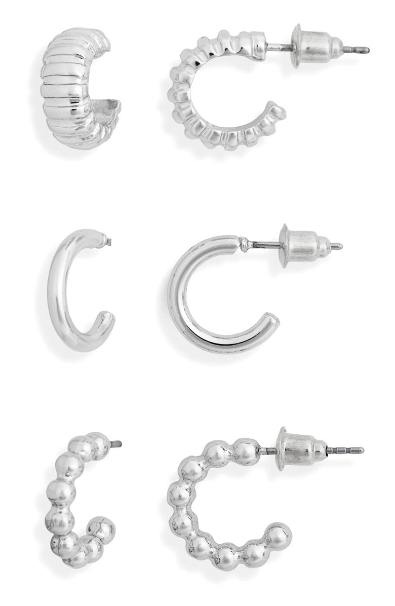 NORDSTROM RACK 3-Pack Huggie Hoop Earrings, Main, color, Silver