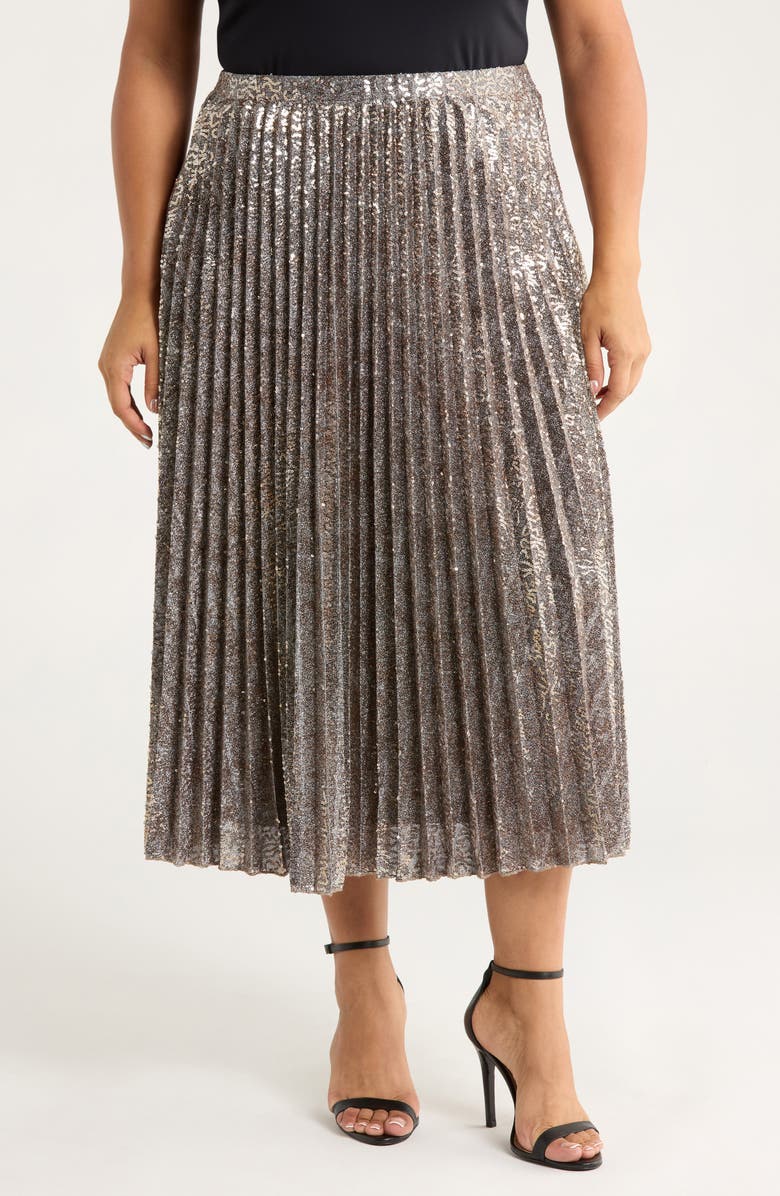 Anne Klein Sequin Pleated Pull-On Midi Skirt, Main, color, Pewter Multi