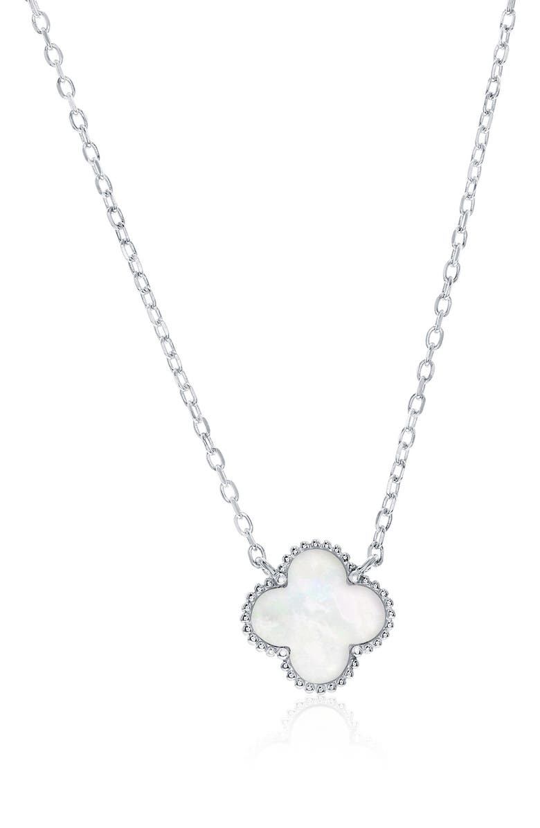 SIMONA Mother-of-Pearl Clover Milgrain Halo Pendant Necklace, Main, color, Silver