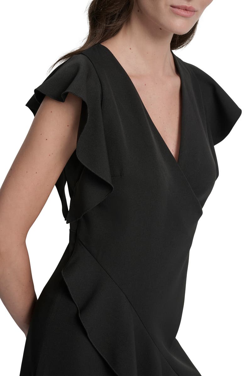 DKNY Ruffle Cap Sleeve Faux Wrap Midi Dress, Alternate, color, Black