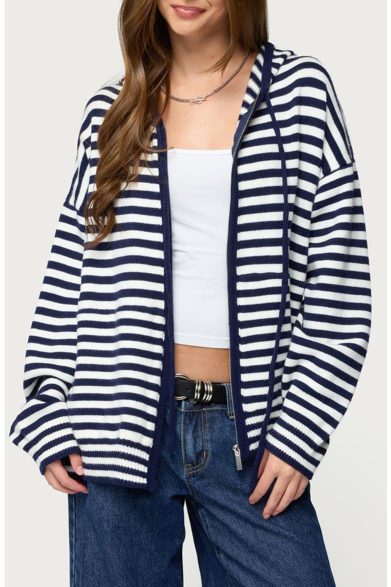 Safari Stripe Knit Zip Front Hoodie, Main, color, NAVY-AND-WHITE